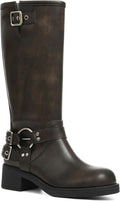 Women's Buckle Moto Knee High Boots - Square Toe, Pull On Tall Shafts and Chunky Low Heel for Fall Outfits - 6 (3)