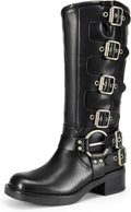 Women's Biker Knee High Boots - Adjustable Buckles, Square Toe and Low Chunky Heel Tall Shafts for Daily Wear - 6