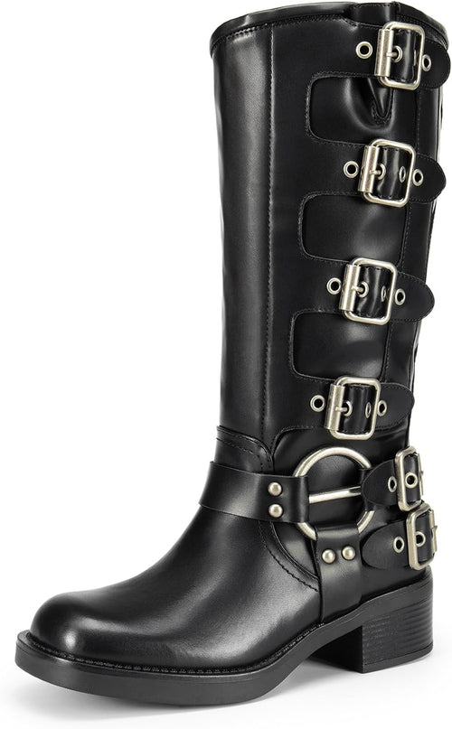 Women's Biker Knee High Boots - Adjustable Buckles, Square Toe and Low Chunky Heel Tall Shafts for Daily Wear - 6