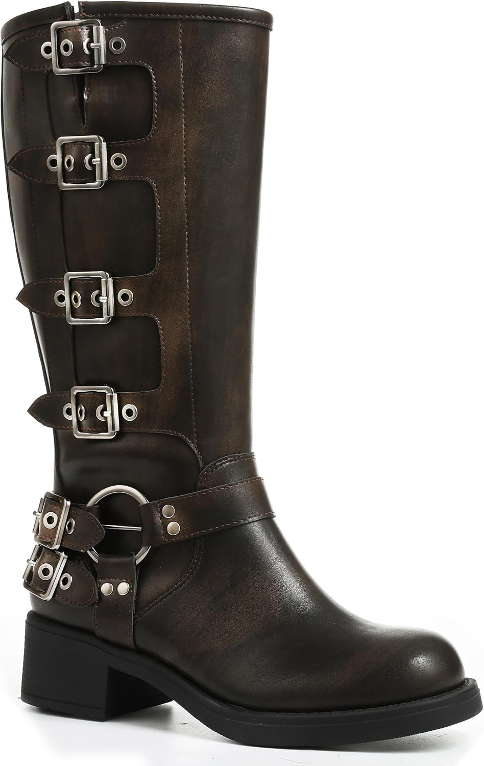 Women's Buckle Moto Knee High Boots - Square Toe, Pull On Tall Shafts and Chunky Low Heel for Fall Outfits - 7 (11)