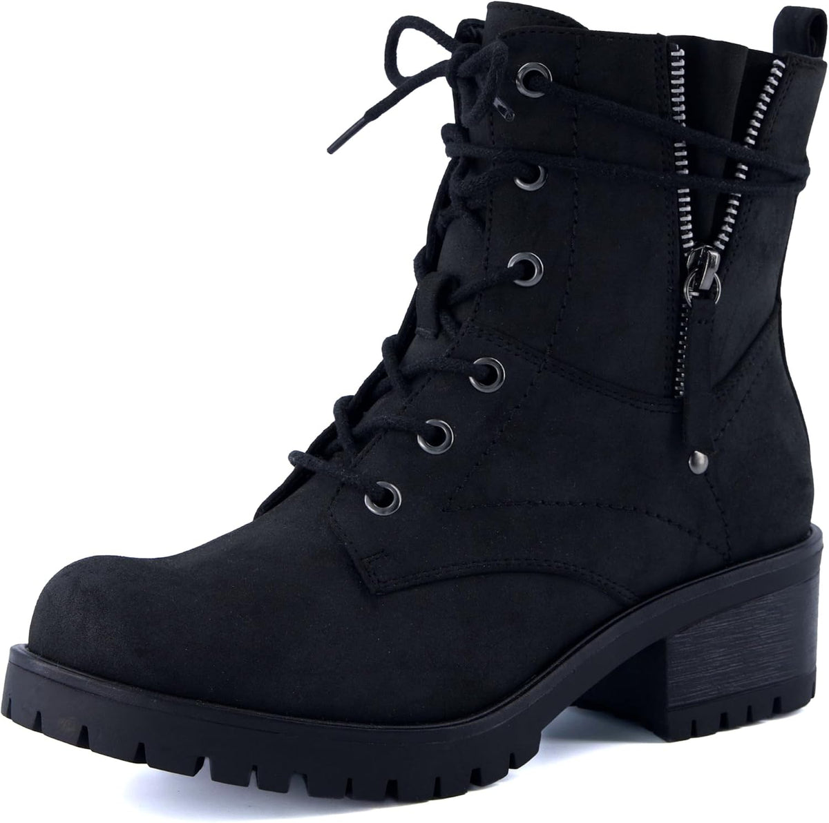 Women's Heeled Combat Boots - Faux Fur Lined, Memory Foam Insoles and Side Zipper in Vegan Nubuck Leather - 6