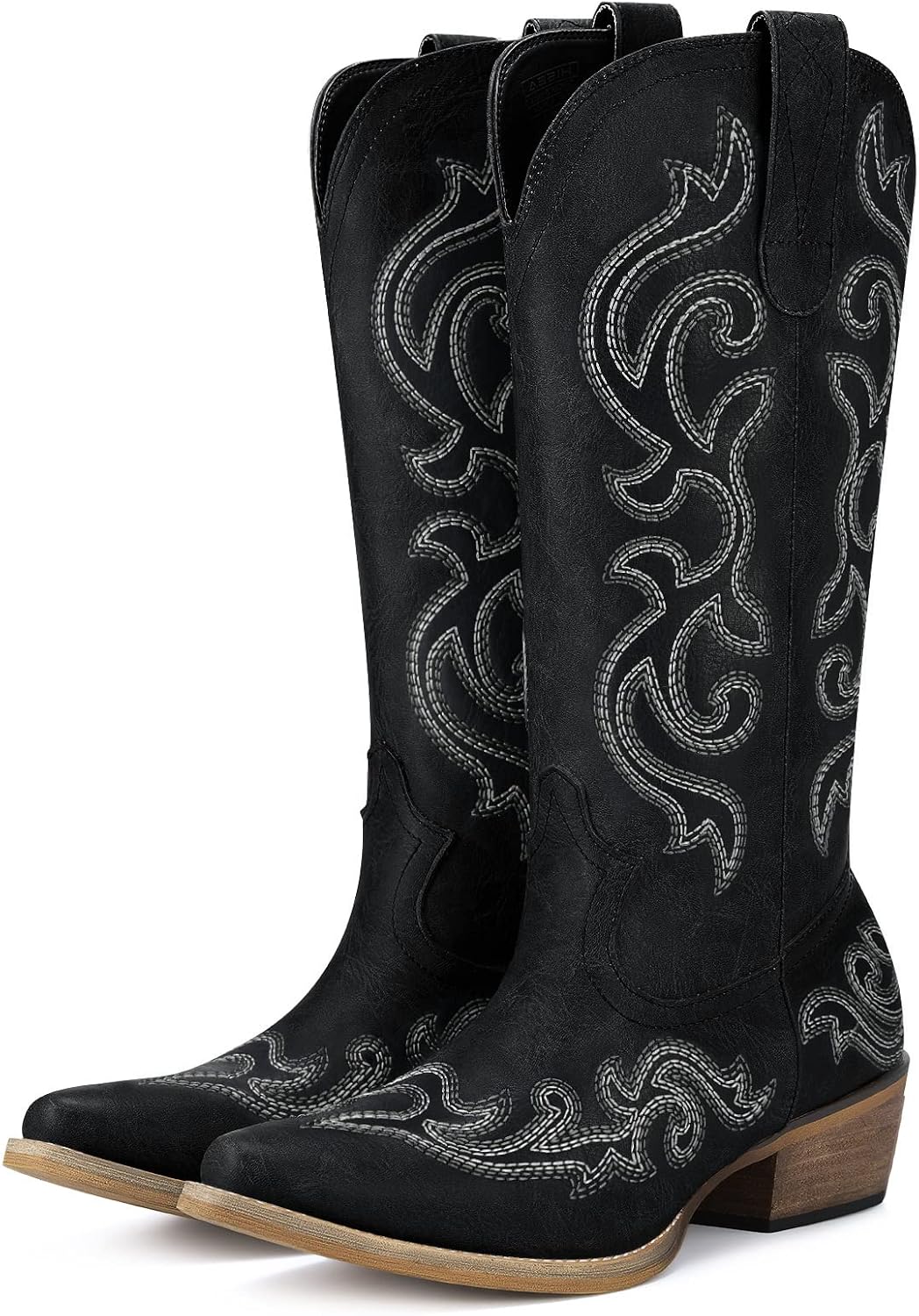 Women's Floral Embroidered Cowgirl Boots - Snip Toe, Wooden Chunky Heel and Pull Up Tabs for Western Nights - 6