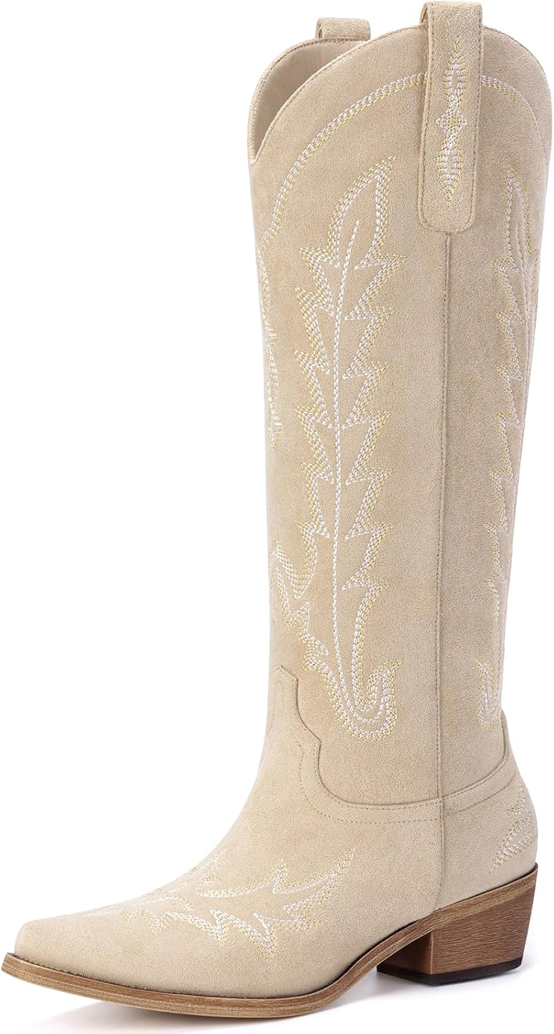 Women's Knee High Cowgirl Boots - Pointed Toe, Chunky Heel and Side Zipper Tall Shafts for Country Events - 6