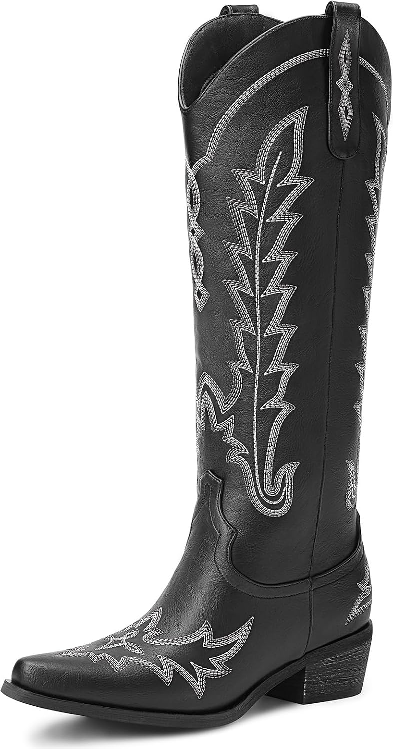Women's Knee High Cowgirl Boots - Pointed Toe, Chunky Heel and Side Zipper Tall Shafts for Country Events - 6