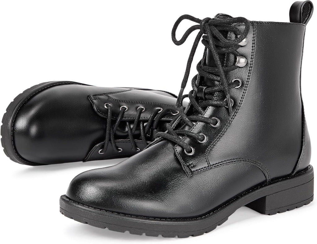 Women's Combat Ankle Boots - Lace Up Front, Side Zipper, Round Toe and Low Heel for Fall and Winter Wear - 10