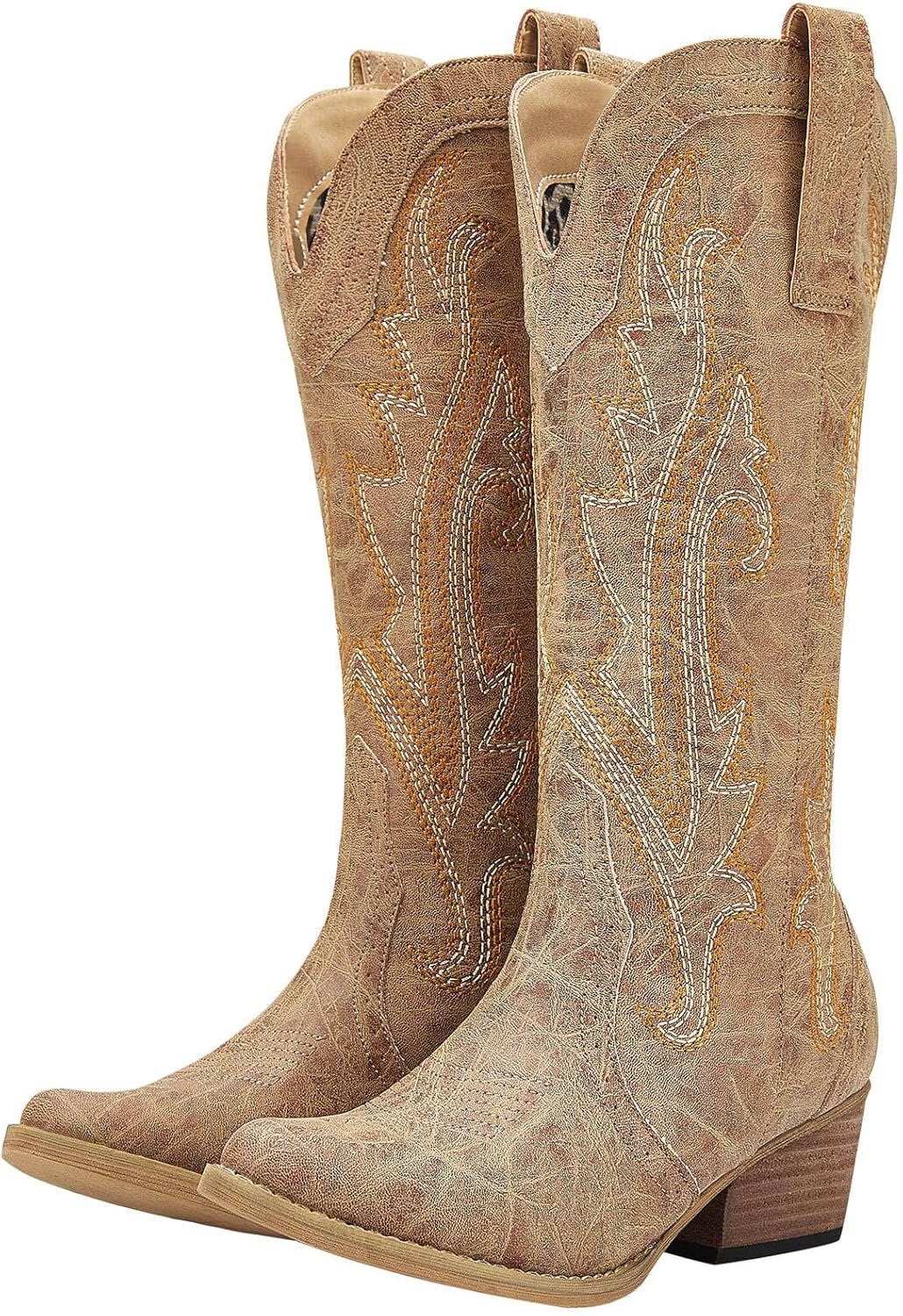 Women's Embroidered Cowgirl Boots - Mid Calf, Pointed Toe and Chunky Heel for Country Concerts and Dancing - 6