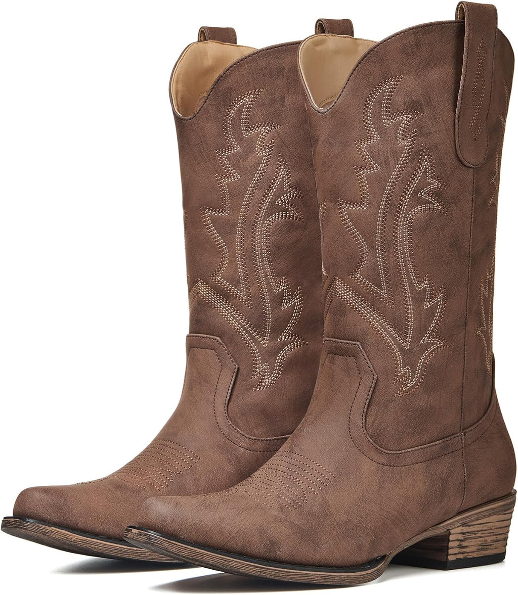 Women's Embroidered Cowgirl Boots - Mid Calf Shafts with Chunky Heel for Country Festivals and Daily Wear - 6