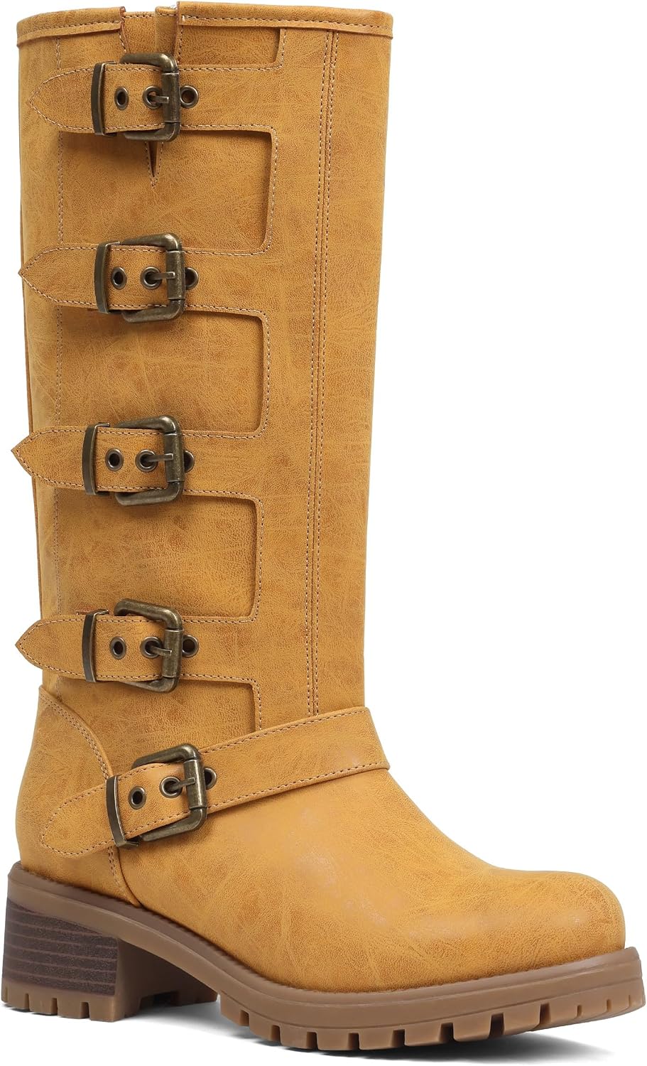 Women's Buckle Moto Knee High Boots - Square Toe, Pull On Tall Shafts and Chunky Low Heel for Fall Outfits - 6