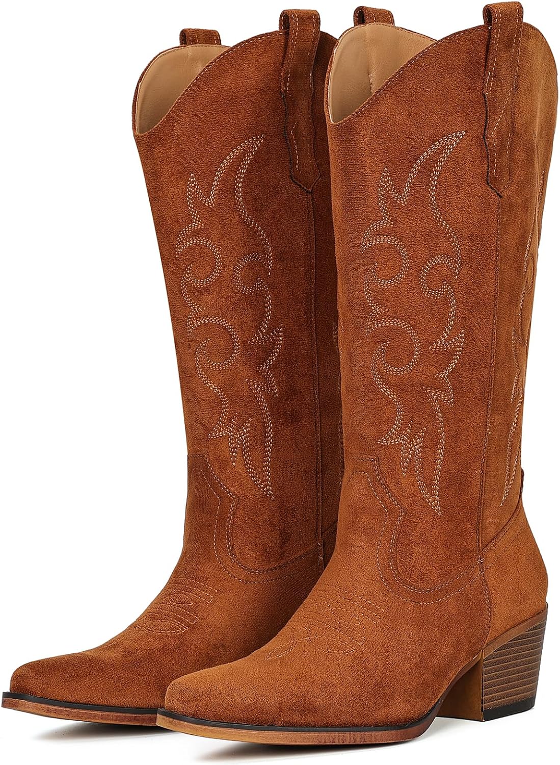 Women's Embroidered Western Boots - Mid Calf Snip Toe, Chunky Heel and Easy Pull On Shafts for Rodeo Weekends - 9