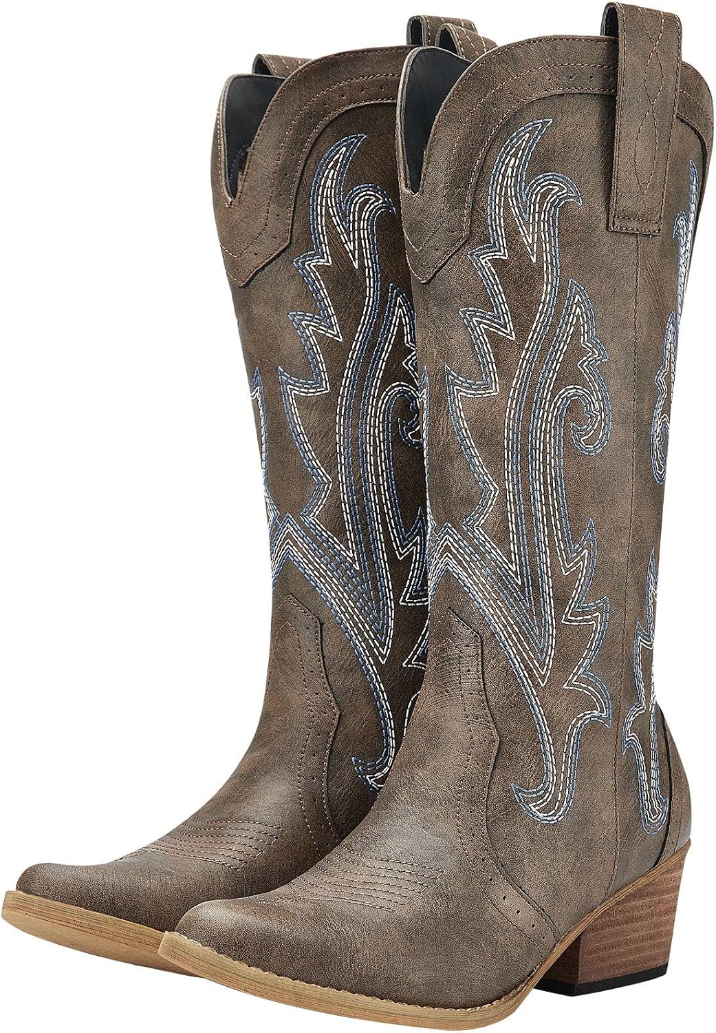 Women's Embroidered Cowgirl Boots - Mid Calf, Pointed Toe and Chunky Heel for Country Concerts and Dancing - 6 Wide