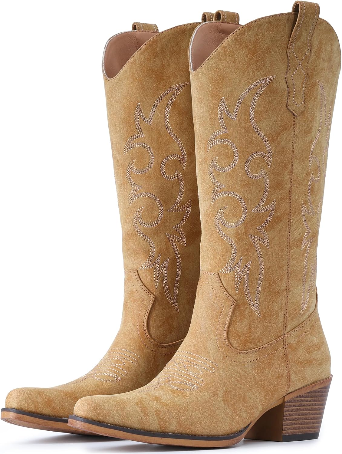 Women's Embroidered Western Boots - Mid Calf Snip Toe, Chunky Heel and Easy Pull On Shafts for Rodeo Weekends - 8