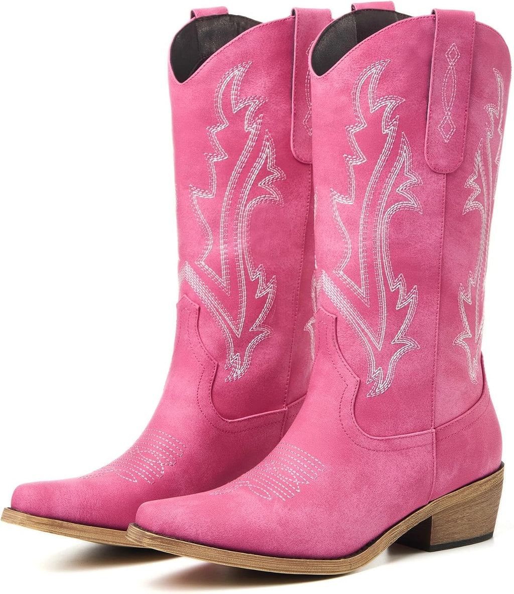 Women's Embroidered Cowgirl Boots - Mid Calf Shafts with Chunky Heel for Country Festivals and Daily Wear - 6