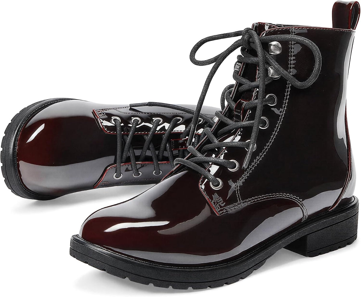 Women's Combat Ankle Boots - Lace Up Front, Side Zipper, Round Toe and Low Heel for Fall and Winter Wear - 10