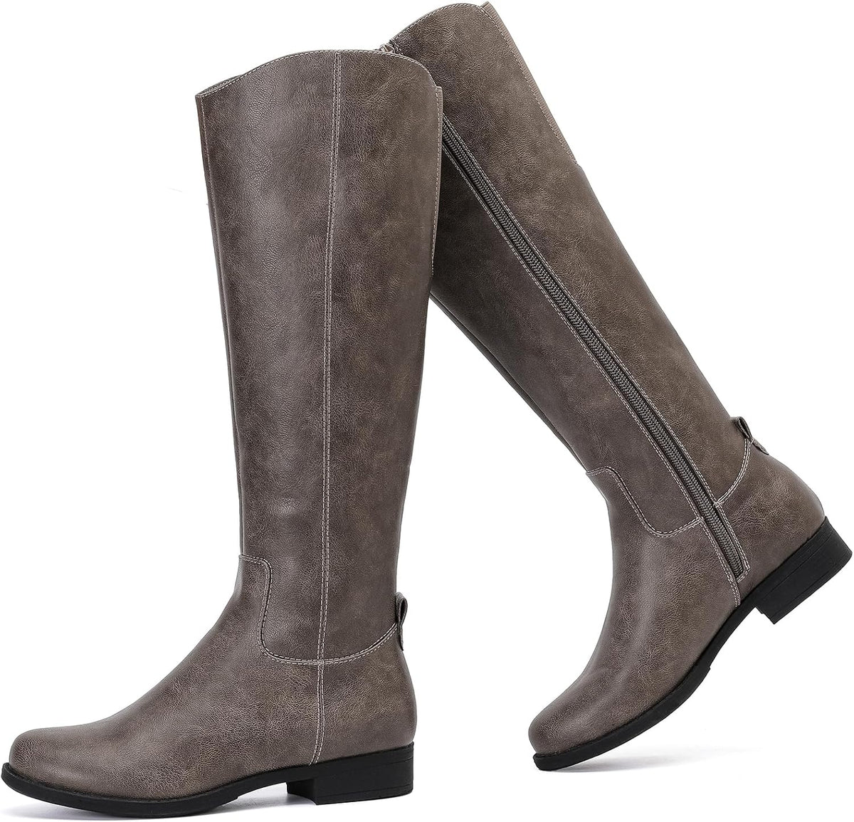 Women's Faux Leather Knee High Riding Boots - Round Toe, Side Zipper and Flat Sole for Daily Wear - 6