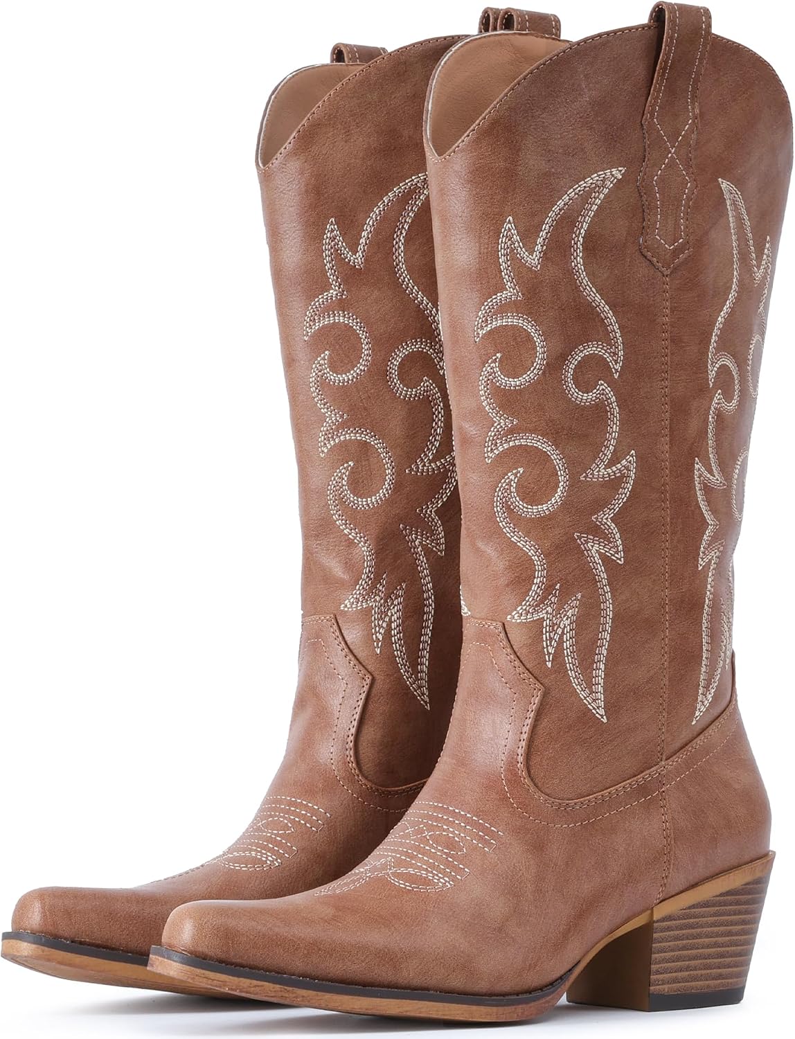Women's Embroidered Western Boots - Mid Calf Snip Toe, Chunky Heel and Easy Pull On Shafts for Rodeo Weekends - 8