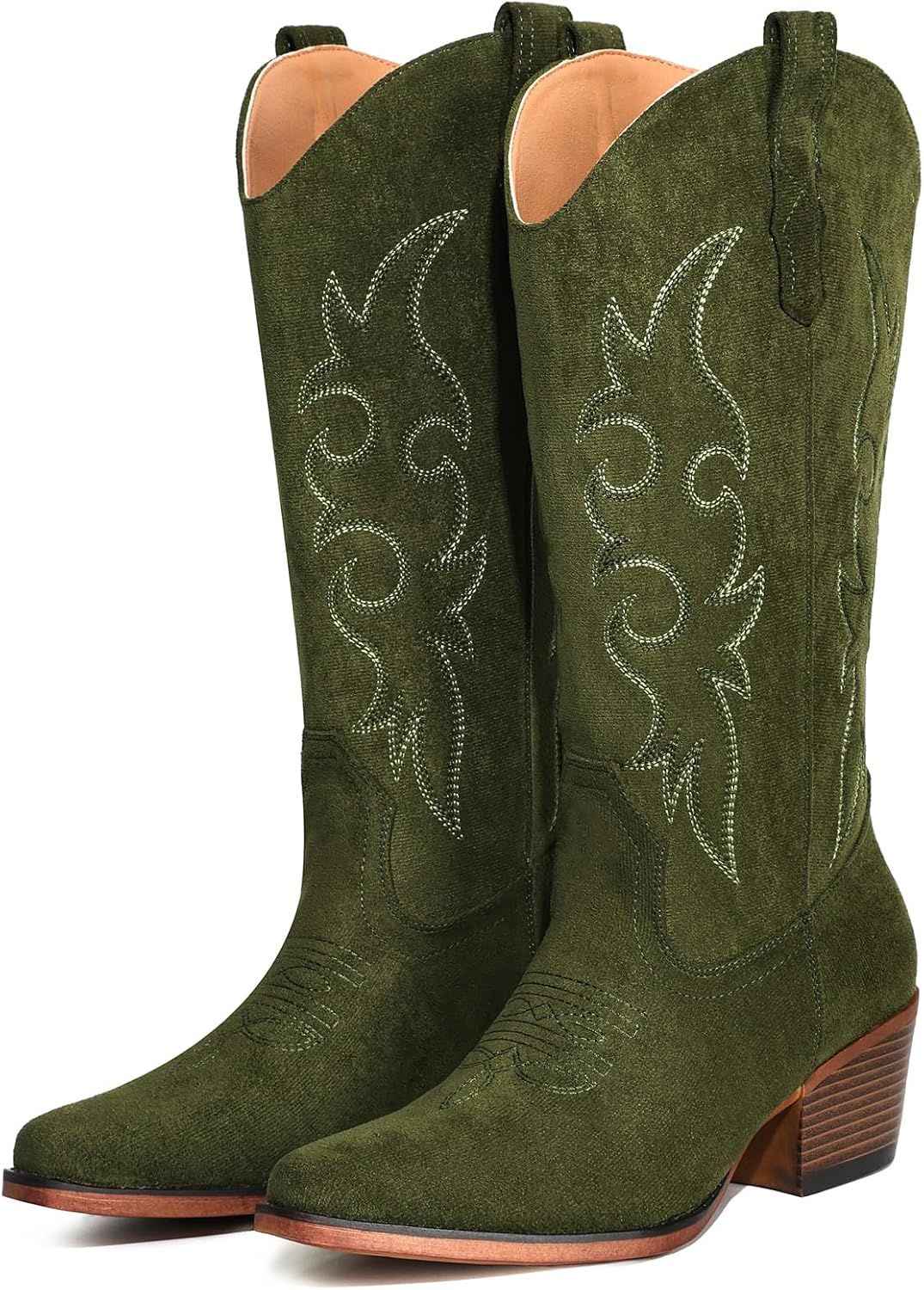 Women's Embroidered Western Boots - Mid Calf Snip Toe, Chunky Heel and Easy Pull On Shafts for Rodeo Weekends - 8