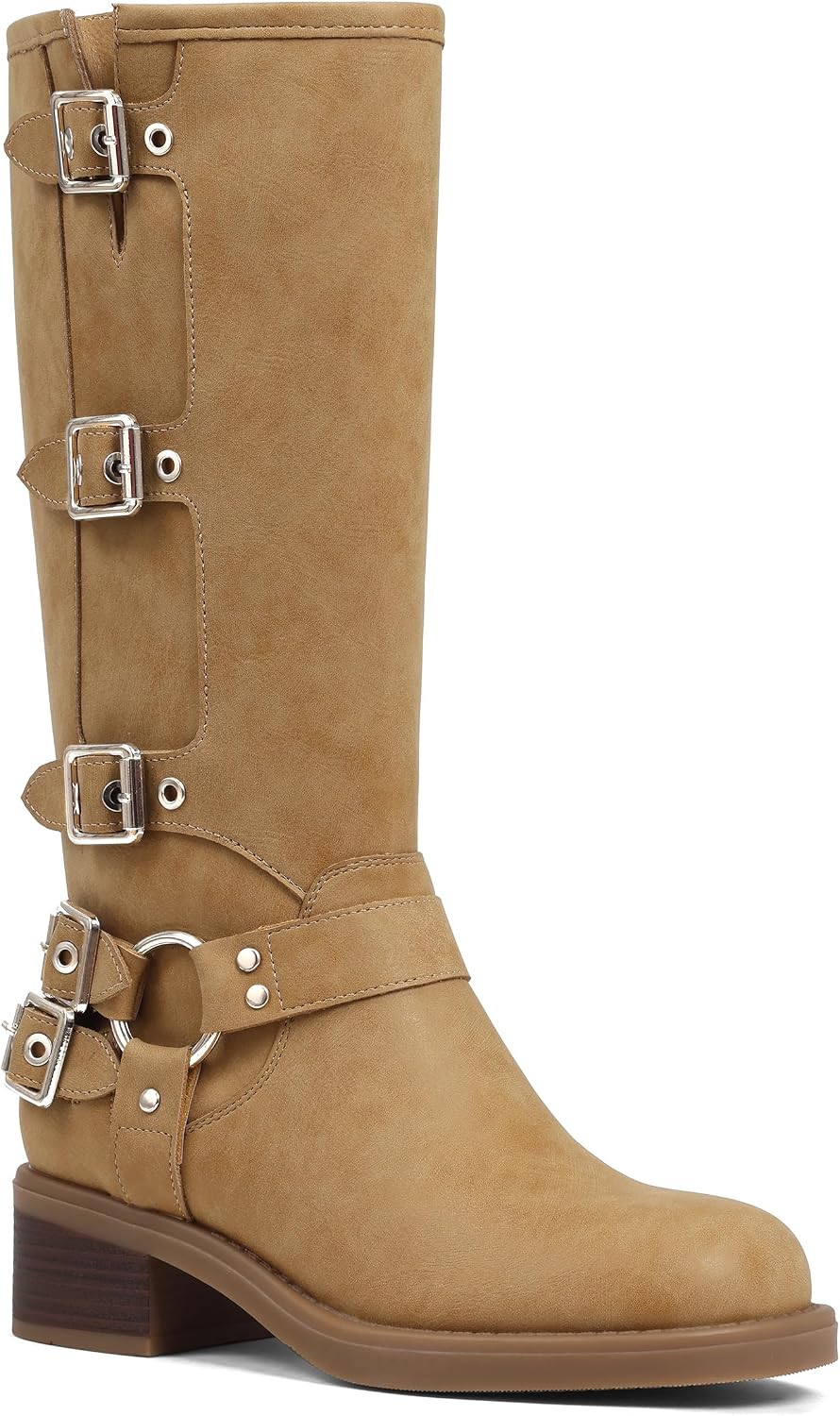 Women's Buckle Moto Knee High Boots - Square Toe, Pull On Tall Shafts and Chunky Low Heel for Fall Outfits - 6 (8)