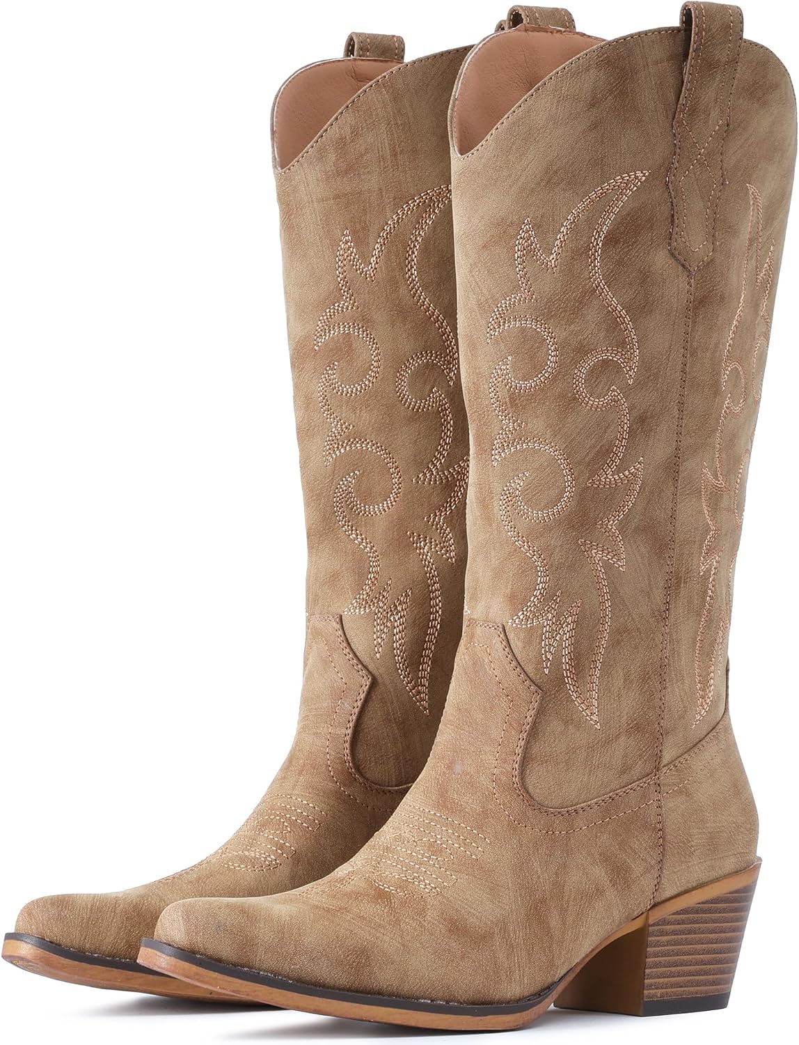 Women's Embroidered Western Boots - Mid Calf Snip Toe, Chunky Heel and Easy Pull On Shafts for Rodeo Weekends - 8