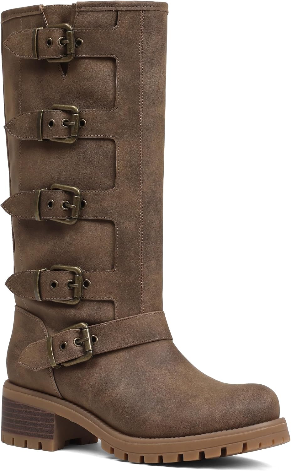 Women's Buckle Moto Knee High Boots - Square Toe, Pull On Tall Shafts and Chunky Low Heel for Fall Outfits - 7