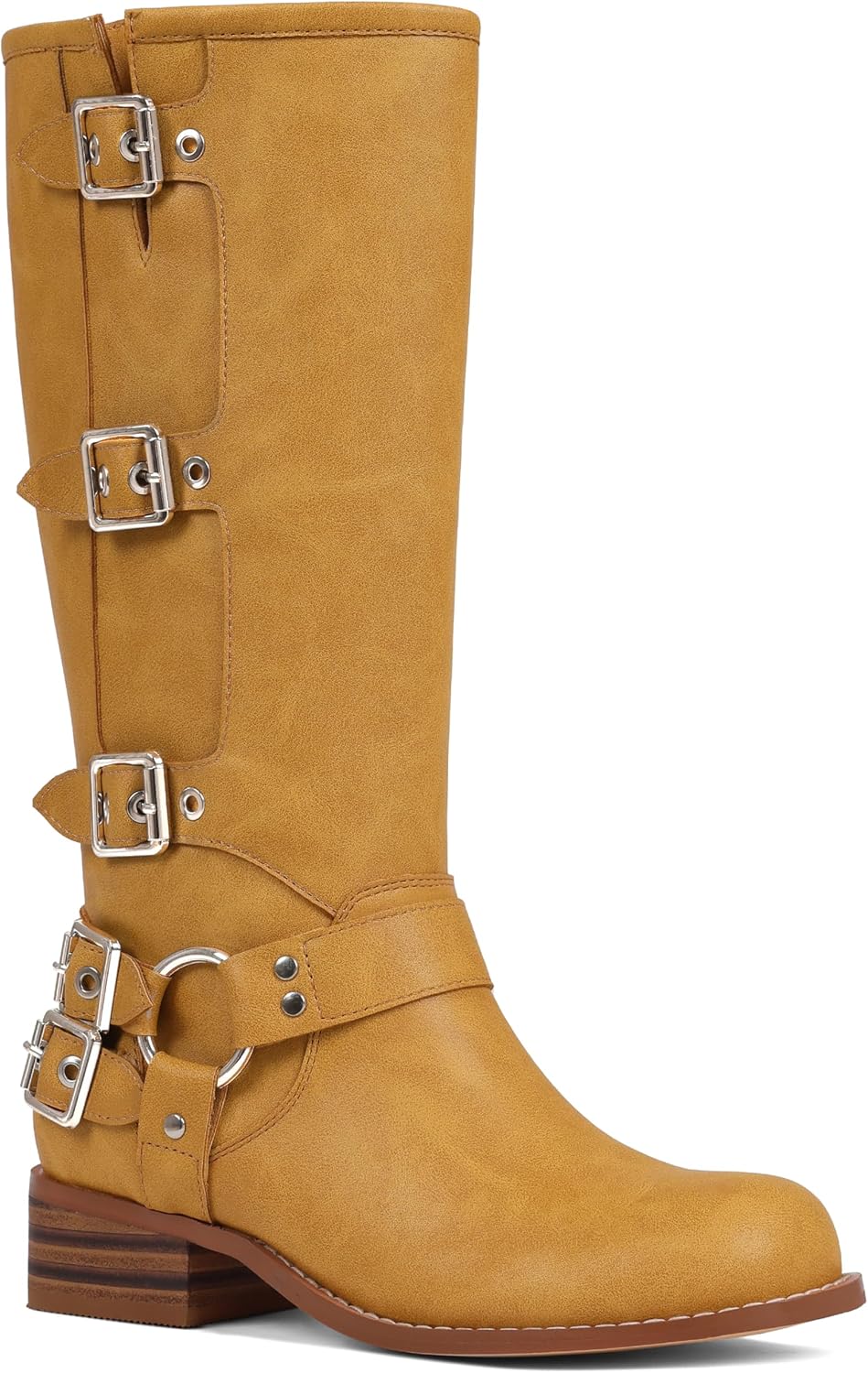 Women's Buckle Moto Knee High Boots - Square Toe, Pull On Tall Shafts and Chunky Low Heel for Fall Outfits - 6 (5)