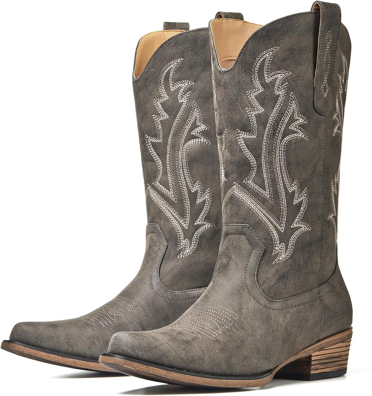 Women's Embroidered Cowgirl Boots - Mid Calf Shafts with Chunky Heel for Country Festivals and Daily Wear - 7